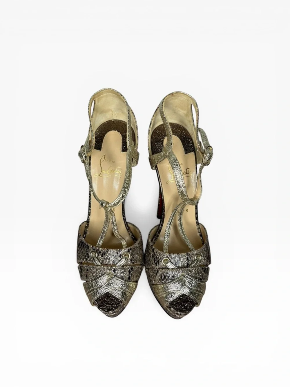 Christian Louboutin Metallic Gold Snake-Embossed T-Strap Platform Pump Size 37.5 - Picture 2 of 10